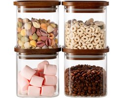 Glazen Voorraadpotten Set Van 4 – 500 ml – Vierkante Stapelbare Bewaarpotten – Luchtdicht Met Houten Deksel – Borosilicaat Glas – Voor Pasta Granola En Kruiden