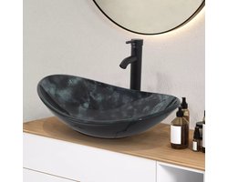 Glazen waskom opbouw met kraan ovaal Zwart Blauw Complete set met drukafvoer