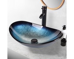 Glazen waskom wasbak wastafel opbouw met hoge zwarte waterkraan kraan ovaal blauw en drukknop afvoer