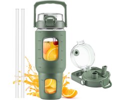 Glazen waterfles van 1200 ml met rietje en deksel, glazen beker met tijd- en watermarkering, ijskoffiebeker met siliconen hoes, reis-koffiebeker, past in de autohouder, olijfgroen