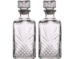 Glazen whisky/water karaf van 1 liter - Set van 2x stuks - Kristalglas look whiskey fles - Karaffen voor sterke drank
