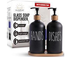 Glazen zeepdispenser met bamboepomp en dienblad - 2 stuks - 16oz - zwart - 6 waterdichte etiketten