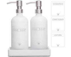 Glazen Zeepdispenser Set Keuken en Badkamer - 2x Dispenser met Houten Dienblad en Etiketten