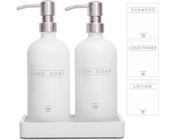Glazen Zeepdispenser Set Keuken en Badkamer - 2x Dispenser met Houten Dienblad en Etiketten