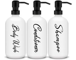 Glazen Zeepdispenser Set van 3 Stuks - Wit Roestvrij Staal - 500ML - Luxe Badkamer Accessoires voor Vloeibare Zeep, Shampoo en Meer