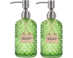 Glazen zeepdispenser voor badkamer en keuken met pomp van roestvrij staal 304, groen, 2 stuks