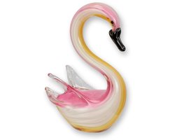 Glazen Zwaan Beeld – Murano Stijl Glas – Handgemaakt Decoratief Ornament – Luxe Design Sieraad voor Huis of Kantoor – Roze, Geel & Wit