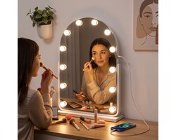 Glevaris® Hollywood Spiegel met Verlichting – 70x50 cm – Make up Spiegel – 10x vergroting - 3 Dimbare Lichtstanden – USB & USB C Oplaadpoorten - 360 graden kantelbaar