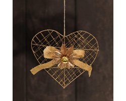 Glinsterend Kersthanger Hart met Strik en Bloesem - Gouden Decoratie voor Advent- en Feestdagen