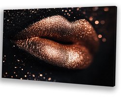 Glinsterende bronzen lippen close-up - Lippen canvaskunst - Kunstwerk gezicht - Luxe - Modern schilderij - Wanddecoratie woonkamer - canvas 90x60 cm