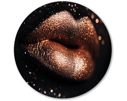 Glinsterende bronzen lippen close-up - Lippen wandcirkel - Wandobject rond gezicht - Luxe - Schilderij forex - Stijlvolle kantoorinrichting - muurcirkel forex 70x70 cm
