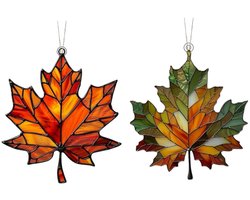 Glitter-esdoornblad-ornamenten met ophangkoord - Herfst Bladeren Decoratie - glas-in-loodraam als decoratie voor herfst en winter - Esdoorn Herfst Decor voor Halloween en Thanksgiving - Acryl Kunst Wanddecoratie - 2 Stuks