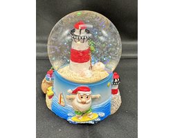 Glitterbol met tropische Kerstman + vuurtoren - Meerkleurig - Hoogte 9 x dia 7 x 8 cm - Polyresin + Glazen bol - Kerstdecoratie - Kerstversiering - Woonaccessoires