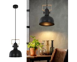 Glitzerlife - Hanglampen - Industriële vintage hanglamp - 1xE27 - verstelbare hoogte 150 cm - ijzeren kap met houtstructuur - zwart - hanglampen eetkamer woonkamer