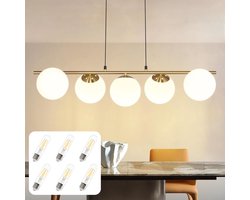 Glitzerlife - Hanglampen - Modern Elegant - Hanglamp Eetkamer - Hoogte Verstelbaar 5xE27 - Glas Eisen - Ø90cm - Goud - Woonkamer Bartheke - Hanglamp Woonkamer Modern Goud