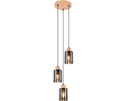 Glitzerlife - Hanglampen - Retro Industriële Stijl - 3xE27 - Glas en Hout - Rookgrijs Zwarte Kap - Ø22cm - Hanglampen Eetkamer Industrieel Verstelbaar - Geschikt voor Keuken Woonkamer