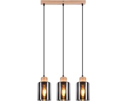 Glitzerlife - Hanglampen - Retro Industriële Stijl - 3xE27 - Hoogteverstelbaar - Glas en Hout - Rookglas Kap - Ø42cm - Eetkamer Industrieel Verstelbaar - Geschikt voor Keuken Woonkamer