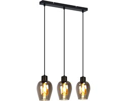 Glitzerlife - Hanglampen - Retro-stijl - 3xE27 - Rookgrijs glaskap - Mat zwart metaal - PVC-kabel - Hoogte verstelbaar - Ø20cm - Ingebouwd trekkoord - Eetkamer Woonkamer Keuken