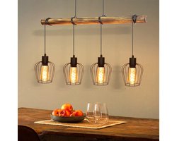 Glitzerlife Hanglampen - Vintage Industrieel - 4xE27 Hanglamp - Hoogte Verstelbaar - Hout en Zwart Staal - Ø26cm Holzbalk 80cm - Zwart - Hanglampen Eetkamer Woonkamer