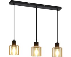Glitzerlife - Hanglampen - Vintage industrieel design - 3xE27 hanglamp eetkamer verstelbaar - Metaal en amber glas - Ø65cm - Zwart - Hanglampen eetkamer industrieel woonkamer