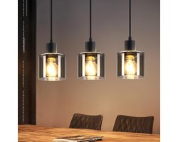 Glitzerlife - Hanglampen - Vintage industrieel design - Hanglamp - verstelbare hoogte - 3xE27 - rookglas en ijzer - Ø11cm - zwart - hanglampen eetkamer woonkamer industrieel