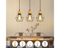 Glitzerlife - Hanglampen - Vintage Industriële Stijl - 3xE27 - Hoogteverstelbaar - Metaal Hout Materiaal - Ø45cm - Zwart - Hanglamp Eetkamer Woonkamer Keuken - Hanglampen Eetkamer Industrieel