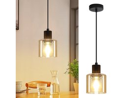Glitzerlife - Hanglampen - Vintage retro design - Hanglamp - verstelbare hoogte - amber glas en metaal - Ø11cm - zwart - hanglampen eetkamer woonkamer industrieel