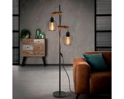 Glitzerlife Industriele Staande Lamp - Vintage Vloerlamp 151 cm - Zwart Metaal en Hout - 2-Lichts E27 (excl. lichtbron)
