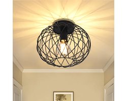 Glitzerlife - Plafondlamp - Zwart Industrieel Vintage 1-lichts - E27 Fitting - Rond Ø 25cm Metalen Kooi Lampenkap - Voor Hal Eetkamer Woonkamer Keuken Slaapkamer - Exclusief Lichtbron