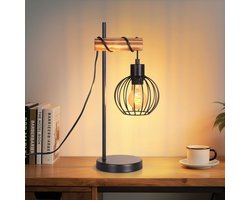 Glitzerlife - Retro Hout - Vintage Tafellamp - Industriële Stijl Zwart Metaal - Schemerlamp Woonkamer met E27 Fitting - Lamp voor Slaapkamer Hotel Nachtkastje Café - Exclusief lamp