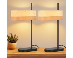 Glitzerlife - Tafellamp -2 stuks Tafellamp Bedlamp Vintage Retro - Leeslamp E14 met Stoffen Kap - Metalen Basis Mat Zwart - Ø44,5 cm - Zwart