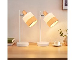 Glitzerlife - Tafellamp -2 stuks Tafellamp Hout Bedlamp Vintage - Draaibaar Leeslamp E14 - Retro Stoffen Kap Metaal - Ø35,5 cm - Wit