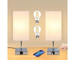 Glitzerlife - Tafellamp Tafellamp - Bedlampje Nachtlampje - Touch dimbaar 3 standen - LED warmwit slaapkamer bureaulamp met 2x USB oplaadfunctie E27 fitting stof metaal - Ø36 cm - Chroomkleurig