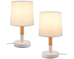 Glitzerlife - Tafellamp Tafellampen Set 2 Stuks - Houten Bedlamp E27 - Vintage Landhuis Leeslamp met Stoffen Kap - Metaal Hout - Ø31,5 cm - Wit