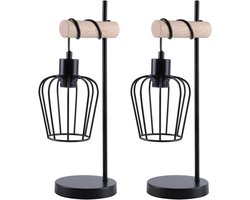 Glitzerlife - Vintage Industrieel Hout -2 Stuks Tafellamp - Zwart Metaal - 1-lichts Schemerlampje Slaapkamer met E27 Fitting - Retro Design - Voor Woonkamer, Slaapkamer, Hotel - Exclusief lamp