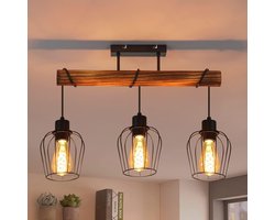 Glitzerlife Vintage Industriële Plafondlamp - Hout en Zwart Metaal - 3-lichts E27 Fitting - Zonder Lichtbron - Geschikt voor Woonkamer Keuken Eetkamer Restaurant