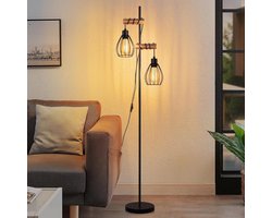 Glitzerlife Vintage Staande Lamp Industrieel Zwart Hout & Metaal Vloerlamp - 2-lichts E27 Fitting met Kooi Lampenkap - Voor Woonkamer en Slaapkamer 152CM Zonder Lichtbron