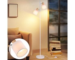 Glitzerlife Vintage Vloerlamp - 2-lichts Draaibaar E14 Fitting - Wit Hout Stof - Met Voetschakelaar - Exclusief Lichtbron - voor Woonkamer Slaapkamer Kantoor Leeslamp