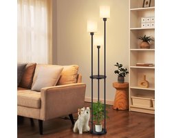 Glitzerlife - Vloerlamp - Met Geïntegreerde Plank - E27 Fitting - 3-Lichts - Zwart & Wit Stoffen Kap - Vintage Retro Landelijke Stijl - Woonkamer Slaapkamer - Exclusief Lichtbron