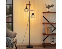 Glitzerlife Vloerlamp - Zwart Hout & Metaal - Vintage Industrieel Design Staande Lamp - 2-lichts E27 Fitting met Schakelaar - 152cm Hoog voor Woonkamer Slaapkamer (Zonder Lichtbron)