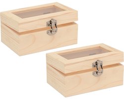 Glorex hobby kistje met sluiting en glazen deksel - 2x - hout - 15 x 10 x 8 cm - Sieraden/spulletjes/sleutels - Opberg kistjes