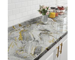 Glossy Grijs en Goud Marmer Effect Behang voor Keuken en Woonkamer - Vinyl Wrap voor Tafel, Keukenblad en Meubels met Plakfolie