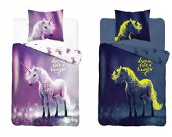 Glow-in-the-dark Dekbedovertrek Eenhoorn 160x200cm Katoen Paars