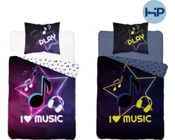 Glow in the dark dekbedovertrek I love music - katoen - eenpersoons - 140x200 cm - 70x80 cm - kussensloop