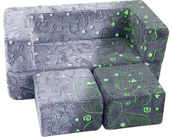Glow In the Dark Kinderslaapbank - Dinosaurus Design - Uitklapbare Peuter Stoelbank - Modulaire Mini Bank Voor Slaapkamer & Speelkamer - Grijs