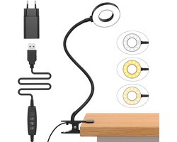 Glowy Bedlamp - Leeslamp met Klem - Dimbare LED Leeslampje - 3 Lichtstanden & 10 Helderheidsniveaus - Flexibele Zwanenhals - USB - Zwart - Voor Slaapkamer & Bureau