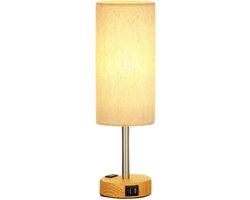 Glowy Nachtlampje LED - Tafellamp Dimbaar met Touchpaneel - met Oplaadfunctie - Nachtlamp met Linnen Lampenkap en Houten Voet - Sfeerverlichting voor Slaapkamer en Woonkamer