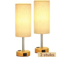 Glowy Nachtlampjes LED - Set van Twee - Draadloze Tafellamp Dimbaar met Touchpaneel - met Oplaadfunctie - Nachtlamp met Linnen Lampenkap en Houten Voet - Sfeerverlichting voor Slaapkamer en Woonkamer