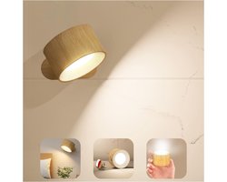 Glowy Wandlamp Oplaadbaar - LED Wandlamp Binnen - Draadloze Muurlamp met Accu - Leeslamp & Nachtlampje - Magnetisch - Houtlook