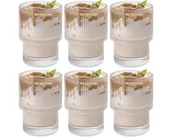 Glozini Waterglazen - 6 Stuks - Ribble Glas - 200ml - Geribbelde Glas - Stapelbaar - Waterglas - Water glazen - Cappucino, koude en warme dranken glazen